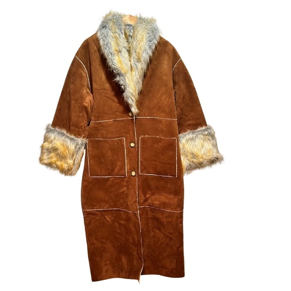 Faux Suede Duster Jacket with Faux Shearling Lining and Faux Fur Detail, Size L - Picture 1 of 8